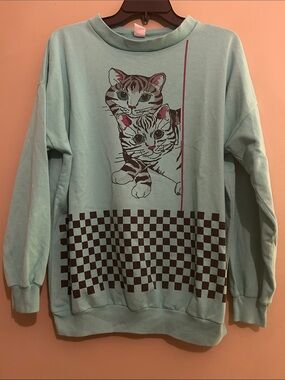 VTG 80/90s Aqua Cat Check Graphic Sweatshirt - Cute Kitten Print OS